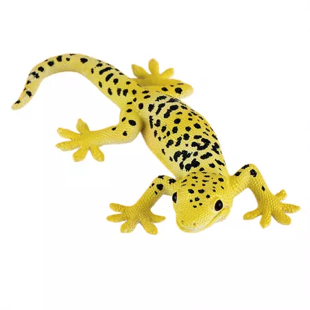 Figura de geco leopardo de juguete Mojo de color amarillo con manchas negras y textura escamosa detallada.