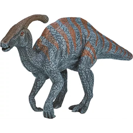 Dinosaurio Parasaurolophus de juguete marca Mojo con detalles realistas y pintura a mano para juego educativo.