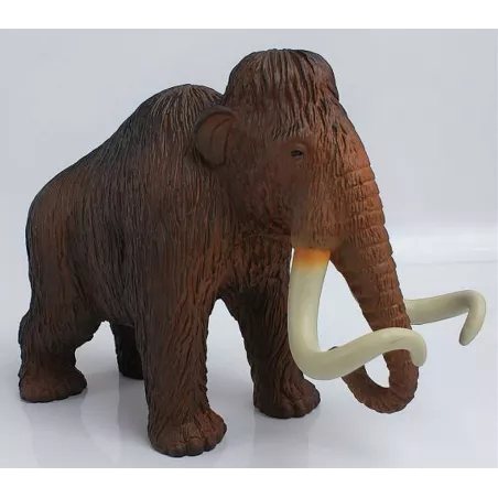 Figura detallada de mamut lanudo de juguete con colmillos y pelaje realista para coleccionistas y niños.