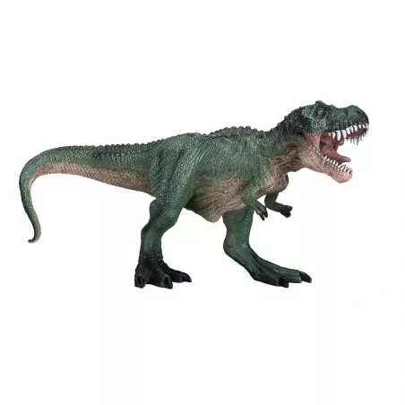 Figura detallada de T-Rex verde en actitud de caza, ideal para coleccionistas de dinosaurios.