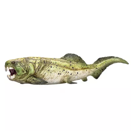 Figura realista de Dunkleosteus, pez acorazado prehistórico del Devónico para coleccionistas de paleontología.