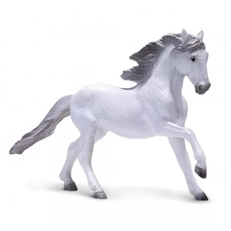 Figura artesanal de caballo Lusitano Gris con detalles realistas para decoración y coleccionistas.