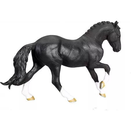 Figura realista de caballo Hannoveriano negro de 16x11 cm para decoración y coleccionistas ecuestres.