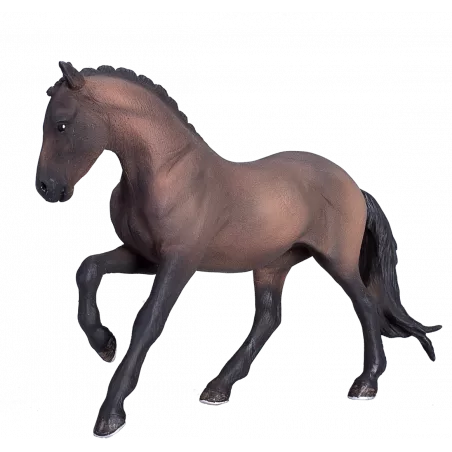 Figura realista de caballo Hannoveriano marrón para coleccionistas y amantes de la equitación.