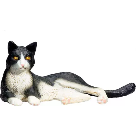 Figura decorativa de gato blanco y negro sentado con diseño realista para estanterías.
