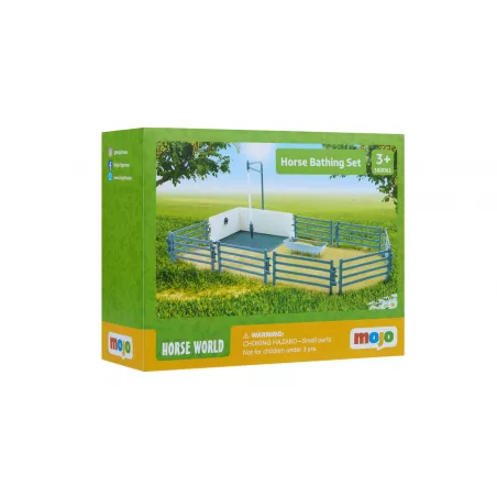 Set de baño de caballos de juguete Mojo con vallas, estación de lavado y comedero para figuras equinas.