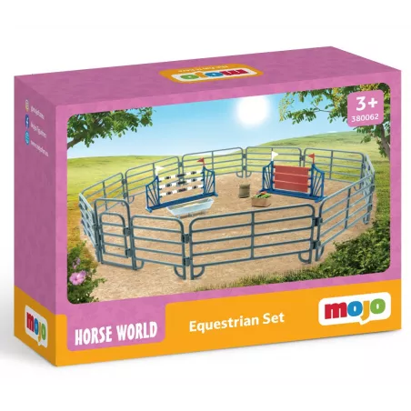 Set de juego de anillo ecuestre Mojo con vallas, puerta, comedero y accesorios de cuidado para caballos.