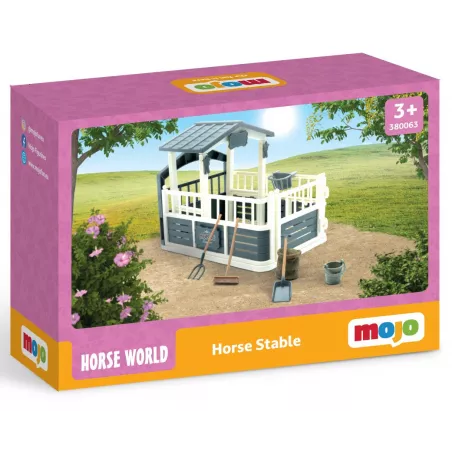 Establo para caballos de juguete Mojo a escala 1:20 con accesorios de limpieza y alimento para figuras en miniatura.