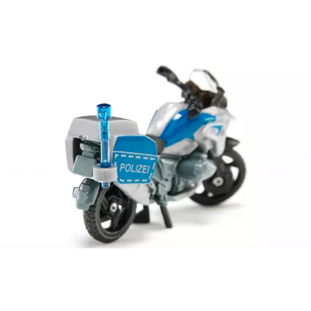 Moto de policía de juguete BMW R1250 GS en miniatura de metal con manillar móvil y luz.