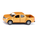 Miniatura de metal Nissan Navara Siku escala 1:50 color naranja metalizado con puertas practicables.