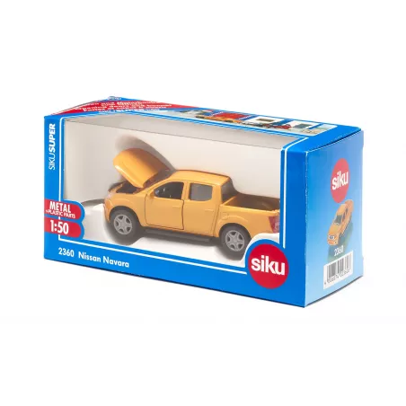 Miniatura de metal Nissan Navara Siku escala 1:50 color naranja metalizado con puertas practicables.
