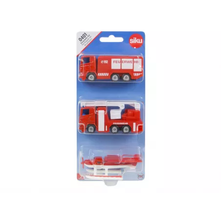 Conjunto de camión de bomberos SIKU con camión Scania, plataforma Rosenbauer e hidroavión de juguete.
