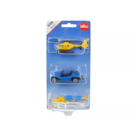 Set de 3 vehículos SIKU: helicóptero Eurocopter EC 135, buggy HAZ y avión Cessna Skyhawk.