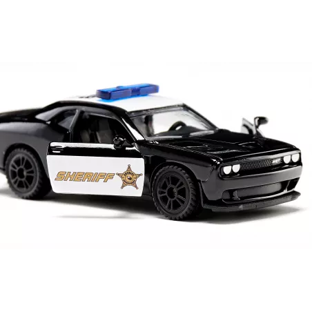 Coche de policía de juguete Dodge Challenger SRT Sheriff de Siku con puertas practicables y ruedas de goma.