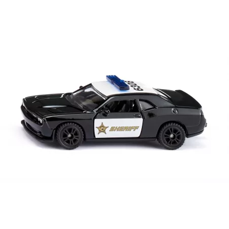 Coche de policía de juguete Dodge Challenger SRT Sheriff de Siku con puertas practicables y ruedas de goma.
