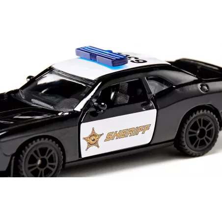 Coche de policía de juguete Dodge Challenger SRT Sheriff de Siku con puertas practicables y ruedas de goma.
