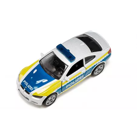 Coche de policía de juguete BMW M3 Coupé de Siku, miniatura metálica con puertas practicables.