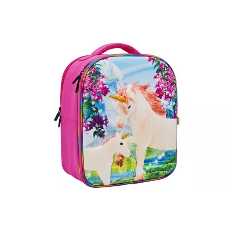 Mochila escolar infantil 3D con relieve de escenario de unicornios de colores y correas acolchadas.