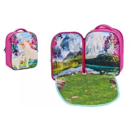 Mochila escolar infantil 3D con relieve de escenario de unicornios de colores y correas acolchadas.