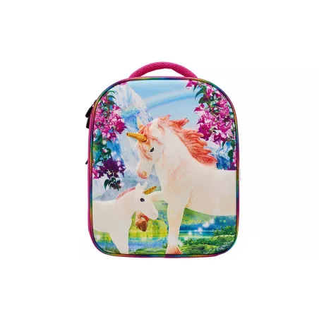Mochila escolar infantil 3D con relieve de escenario de unicornios de colores y correas acolchadas.