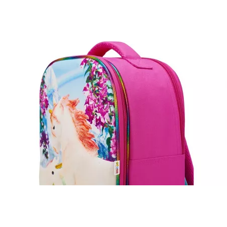 Mochila escolar infantil 3D con relieve de escenario de unicornios de colores y correas acolchadas.