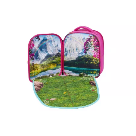 Mochila escolar infantil 3D con relieve de escenario de unicornios de colores y correas acolchadas.