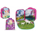 Mochila infantil de unicornios en 3D con dos figuras de juguete y folleto coleccionable.