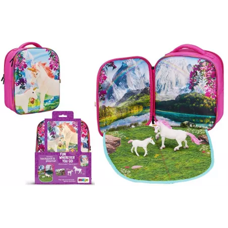 Mochila infantil de unicornios en 3D con dos figuras de juguete y folleto coleccionable.