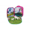 Mochila infantil de unicornios en 3D con dos figuras de juguete y folleto coleccionable.