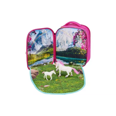 Mochila infantil de unicornios en 3D con dos figuras de juguete y folleto coleccionable.