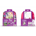 Mochila infantil de unicornios en 3D con dos figuras de juguete y folleto coleccionable.
