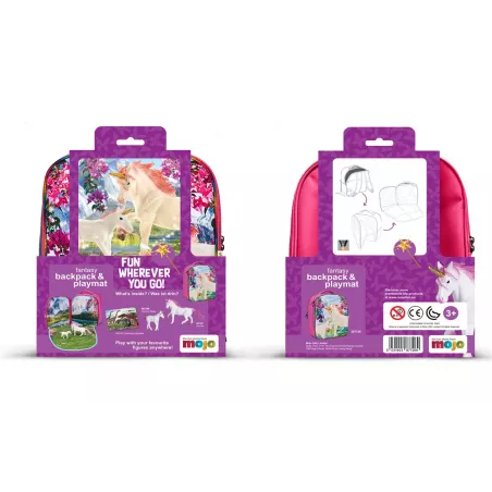 Mochila infantil de unicornios en 3D con dos figuras de juguete y folleto coleccionable.
