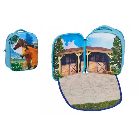 Mochila escolar 3D con relieve de caballos en un paisaje, diseño ergonómico y acolchado para niñas.