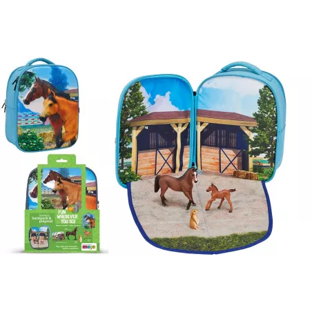 Mochila infantil de caballos en 3D con figuras de juguete de caballo, potro y conejo.