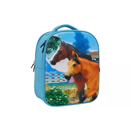 Mochila infantil de caballos en 3D con figuras de juguete de caballo, potro y conejo.