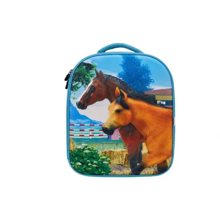 Mochila infantil de caballos en 3D con figuras de juguete de caballo, potro y conejo.