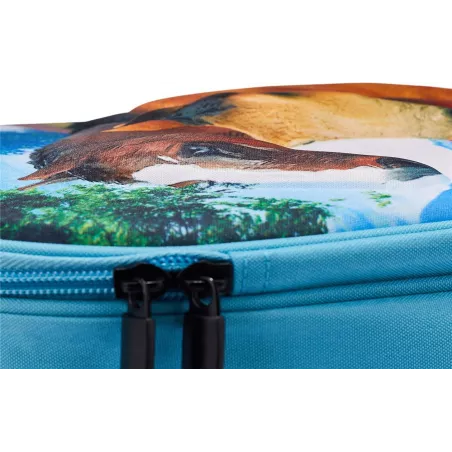 Mochila infantil de caballos en 3D con figuras de juguete de caballo, potro y conejo.