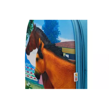 Mochila infantil de caballos en 3D con figuras de juguete de caballo, potro y conejo.