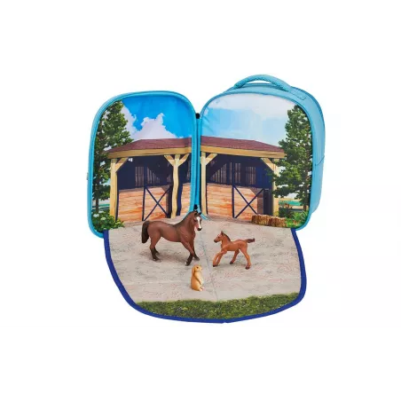 Mochila infantil de caballos en 3D con figuras de juguete de caballo, potro y conejo.