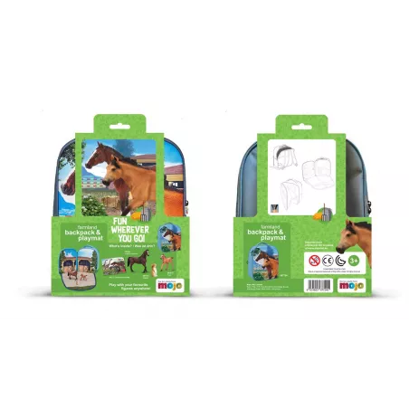 Mochila infantil de caballos en 3D con figuras de juguete de caballo, potro y conejo.