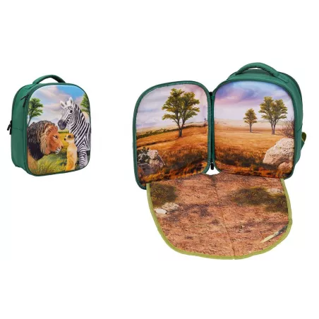 Mochila escolar 3D con diseño de selva tridimensional y tirantes ergonómicos acolchados.