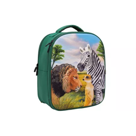 Mochila escolar 3D con diseño de selva tridimensional y tirantes ergonómicos acolchados.