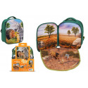 Mochila Selva 3D con figuras de juguete de león, cebra, suricato y folleto de coleccionista.