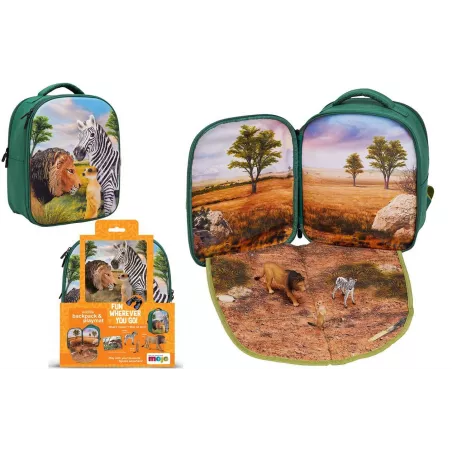 Mochila Selva 3D con figuras de juguete de león, cebra, suricato y folleto de coleccionista.