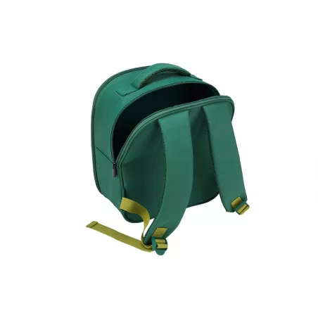 Mochila Selva 3D con figuras de juguete de león, cebra, suricato y folleto de coleccionista.