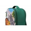 Mochila Selva 3D con figuras de juguete de león, cebra, suricato y folleto de coleccionista.