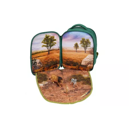 Mochila Selva 3D con figuras de juguete de león, cebra, suricato y folleto de coleccionista.