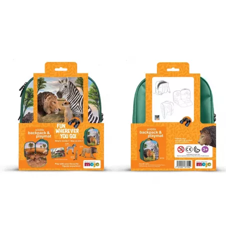 Mochila Selva 3D con figuras de juguete de león, cebra, suricato y folleto de coleccionista.