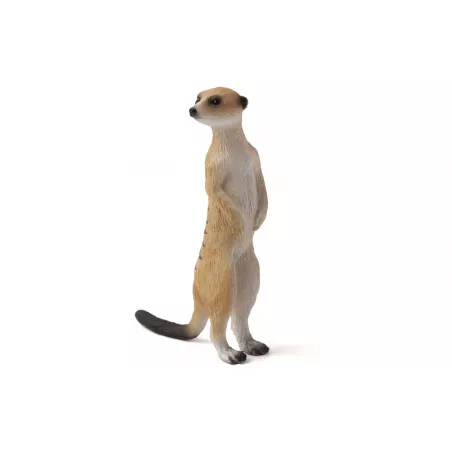 Mochila Selva 3D con figuras de juguete de león, cebra, suricato y folleto de coleccionista.