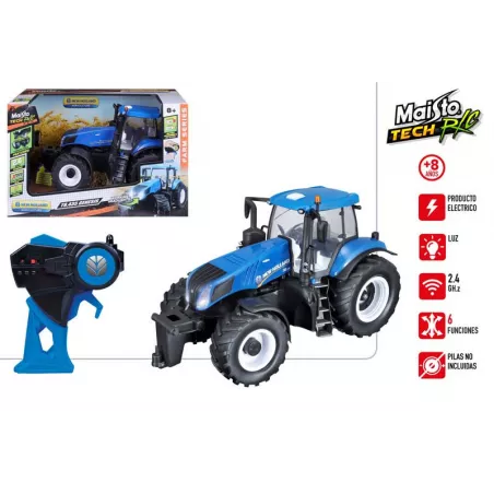 Tractor de juguete radiocontrol New Holland de 34 cm con tecnología de 2.4 GHz para control preciso.